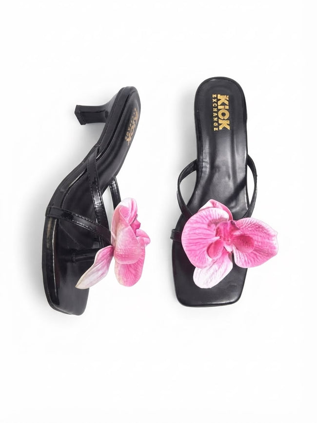 THE KICK EXCHANGE Women’s Flower Embellished Kitten Heeled Sandals Square Toe Slip-On Party & Casual Dress Heels Hover Image